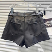 PU Female Leather Shorts Solid Color High Waist Metal Belt Short Pants