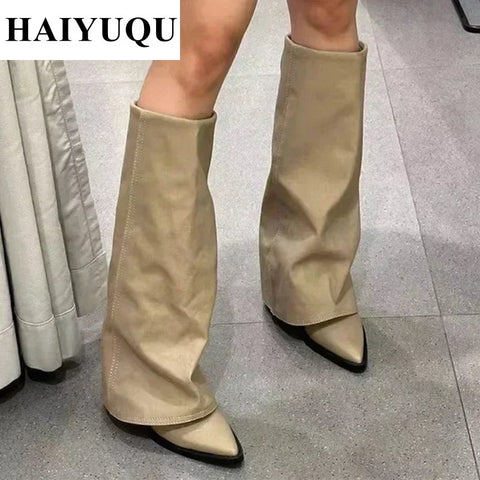 Knee High Heels Women Boots Leather Chunky Fashion Shoes