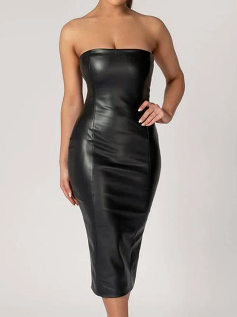 Leather Girdling Waist Slim Bodycon Long Dress Women Sleeveless