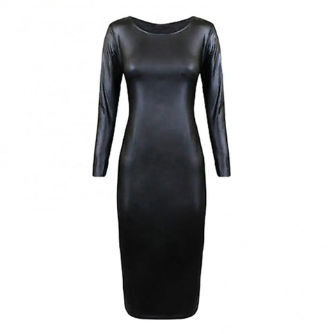 Women Bodycon Dress Sexy Long Sleeve Crew Neck Faux Leather Dress