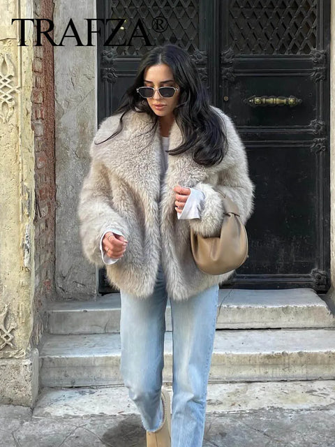 Women Fashion Cropped Faux Fur Long Sleeve Front Snap-button Outerwear