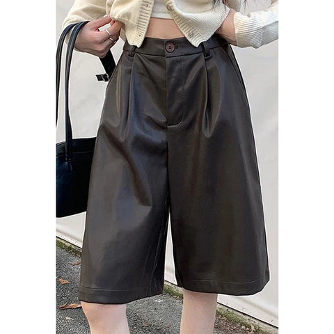 MEXZT Pu Leather Shorts Women Streetwear High Waist Wide Leg Shorts