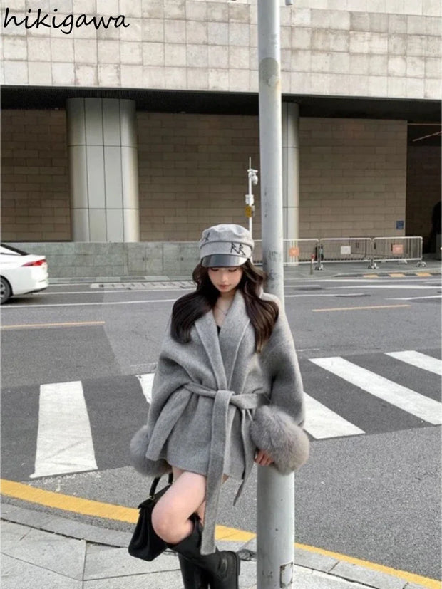 Women Patchwork Long Sleeve Bandage Outwear Korean Y2k Clothing