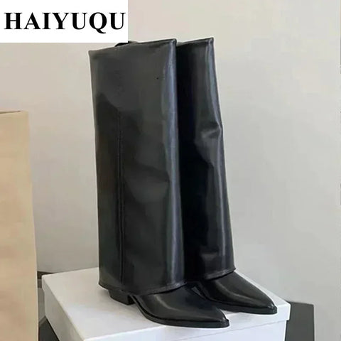 Knee High Heels Women Boots Leather Chunky Fashion Shoes