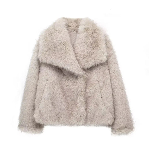 Women Fashion Cropped Faux Fur Long Sleeve Front Snap-button Outerwear