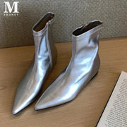 Pointed Toe Women Ankle Boots Flats Leather Shoes