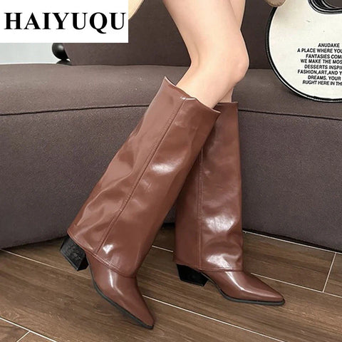 Knee High Heels Women Boots Leather Chunky Fashion Shoes