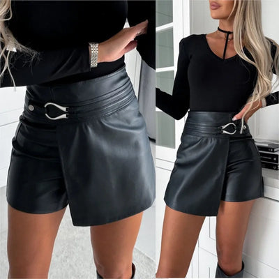 Short Leather Pants High Waist Pu Leather Buckled Mini Skirts