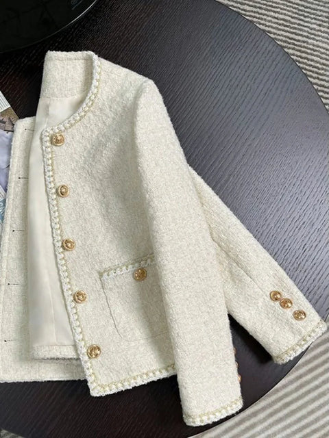 Chic White Tweed Jackets Women Long Sleeve Sweet Coat Fashion