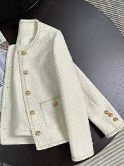 Chic White Tweed Jackets Women Long Sleeve Sweet Coat Fashion