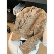 Vintage Tweed Jacket Women Elegant Cropped Coat Korean Long Sleeve