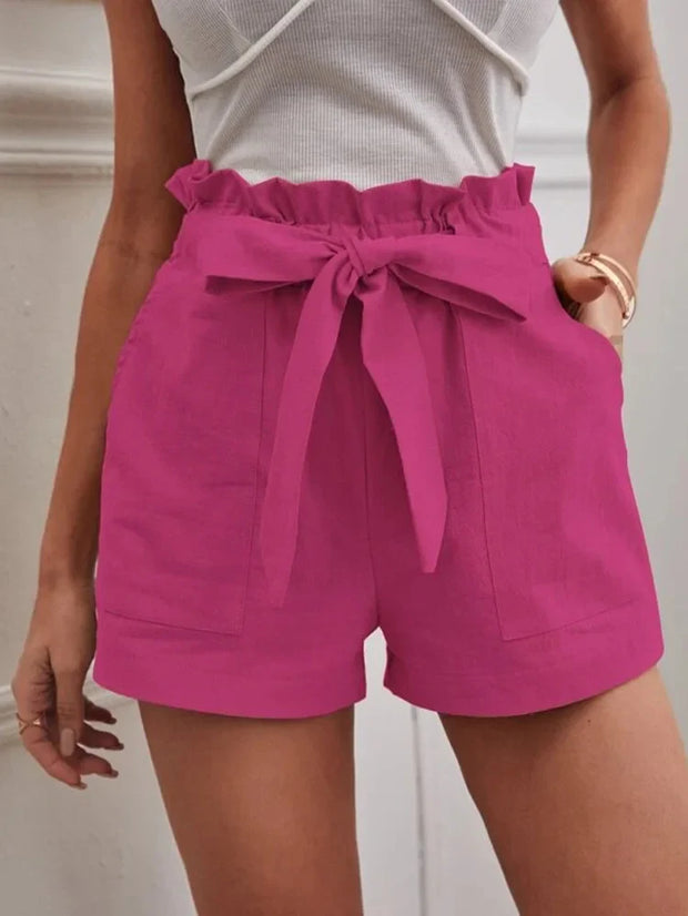 Stylish Solid Color White Women Pocket Drawstring Casual short Pants