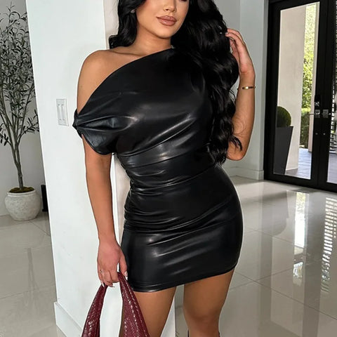 Shoulder Leather Dress Women Sexy Solid Tight Pleated Short Dress