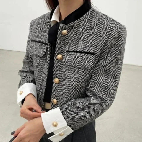 Women Korean Style Pocket Plaid Coat Woman 2024 Spring Long Sleeve