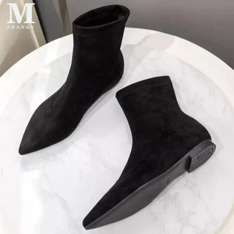 Pointed Toe Women Snow Ankle Boots Suede Flats Fashion Shoes