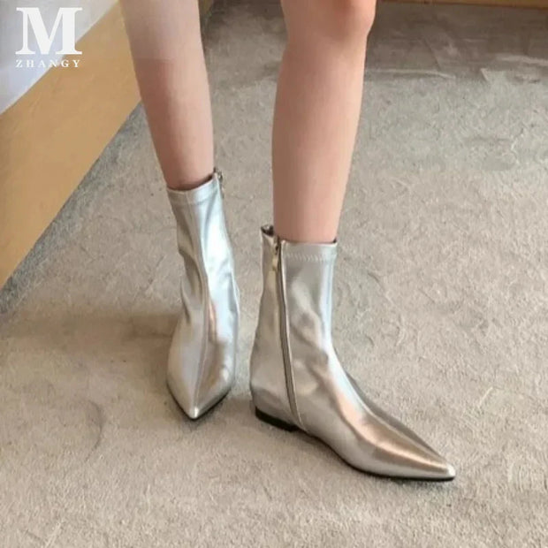 Pointed Toe Women Ankle Boots Flats Leather Shoes