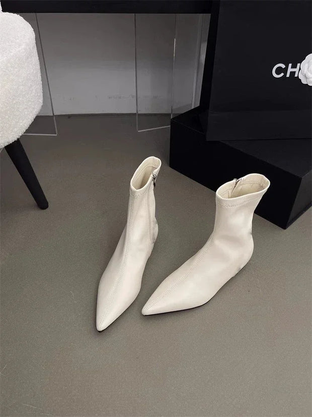 Pointed Toe Women Ankle Boots Flats Leather Shoes