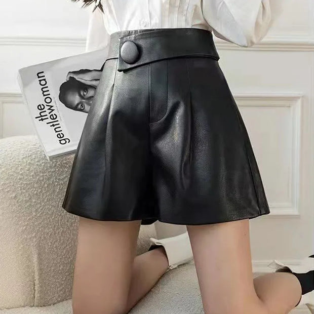 Korean Loose Solid Color Leather Shorts Autumn Winter Women'