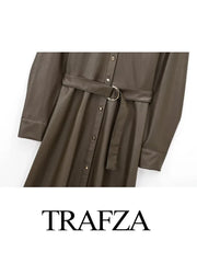 Faux Leather Shirt Style Female Belted Lapel Long Sleeve Dress