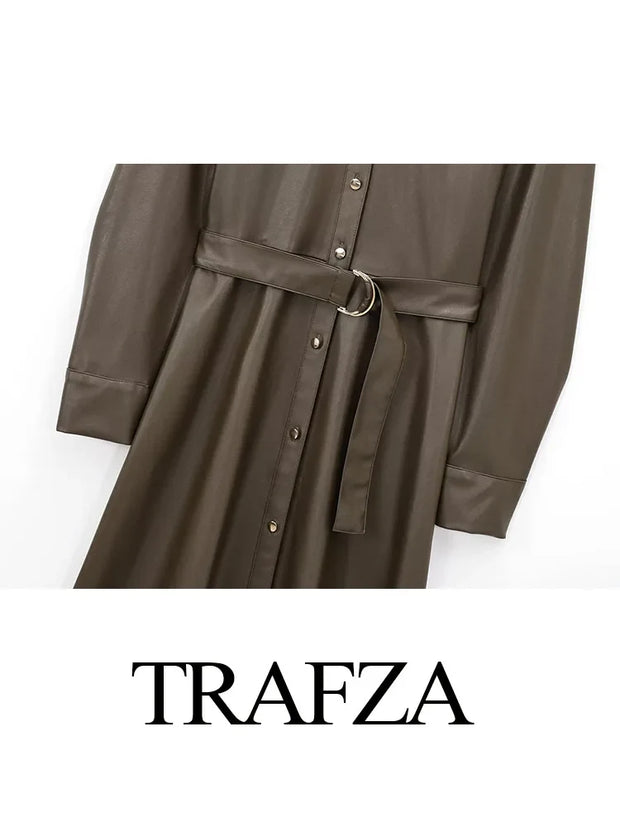 Faux Leather Shirt Style Female Belted Lapel Long Sleeve Dress