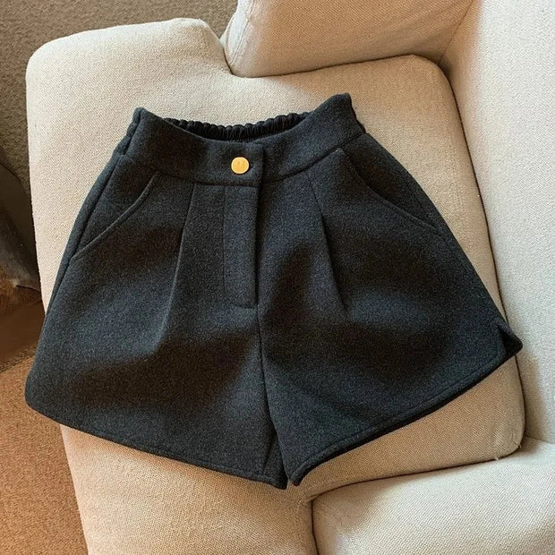 Women Woolen Shorts Solid Color 2024 Lady Split Wide Leg Short Pants