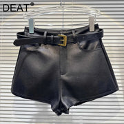 PU Female Leather Shorts Solid Color High Waist Metal Belt Short Pants