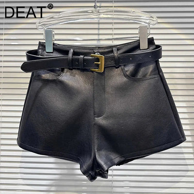 PU Female Leather Shorts Solid Color High Waist Metal Belt Short Pants