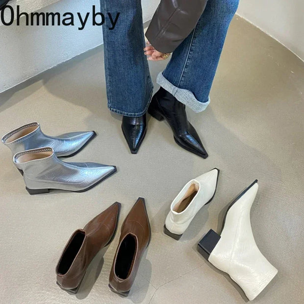 Pointed Toe Women Ankle Boots Fashion Thick Heel Short Booties