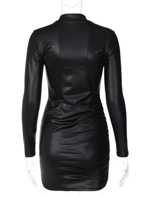 Sexy Imitation Leather Folds Slim Bodycon Dress Women Soild Color