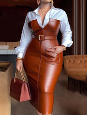 Autumn Long Sleeve Leather Patchwork Pocket Skinny Belted Dress