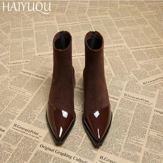 Pointed Toe Women Snow ankle Boots Suede Mid Heels Shoes