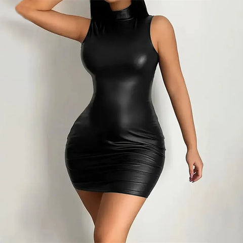 Women Summer Sexy Party Strapless Bodycon Pu Leather