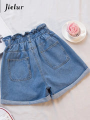 -5XL Harem Ruffled High Waisted Shorts Female Elastic Short Jeans