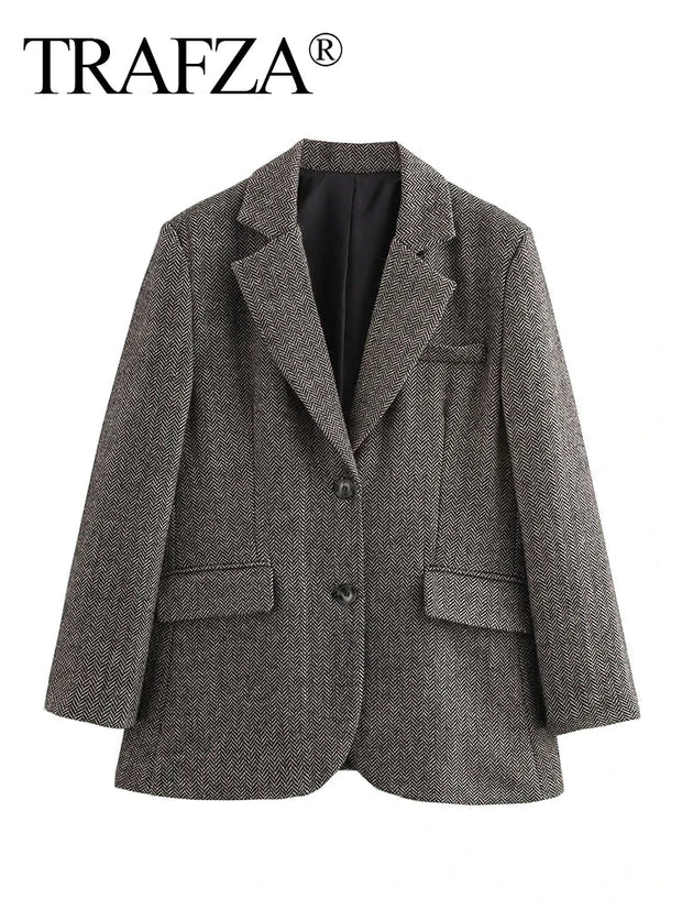 Fashion Herringbone Wool Blazer Female Retro Casual Versatile Turn