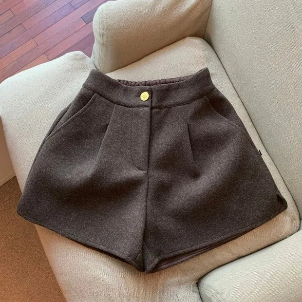 Women Woolen Shorts Solid Color 2024 Lady Split Wide Leg Short Pants