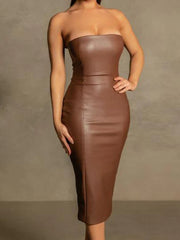 Leather Girdling Waist Slim Bodycon Long Dress Women Sleeveless