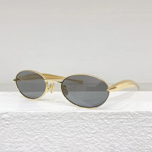 2024 Trendy Luxury Oval Sunglasses Female Gold Alloy Solar Glasses