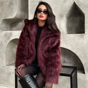 Fur Coat Women 2024 Plush Burgundy Bomber Jacket