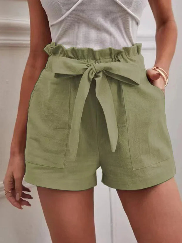 Stylish Solid Color White Women Pocket Drawstring Casual short Pants