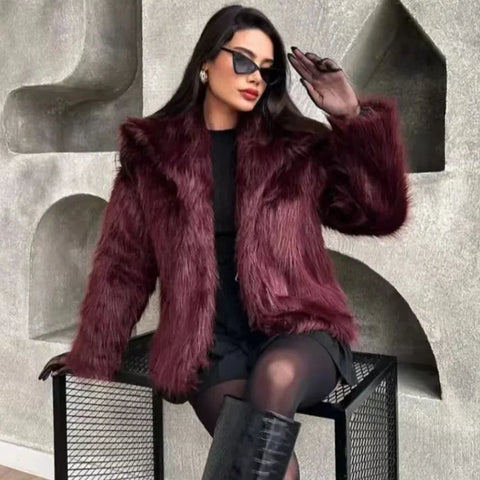 Fur Coat Women 2024 Plush Burgundy Bomber Jacket