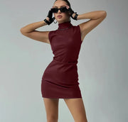 Women Faux Leather Bodycon Dress Sexy Sleeveless Mock Neck Slim