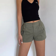 Cotton Women Cargo Shorts Vintage High Waist Pockets Casual Shorts