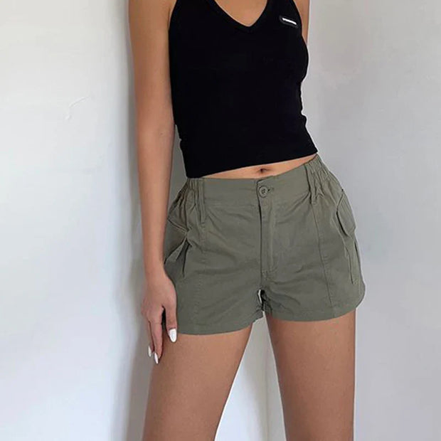 Cotton Women Cargo Shorts Vintage High Waist Pockets Casual Shorts