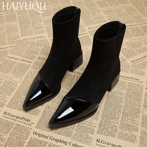 Pointed Toe Women Snow ankle Boots Suede Mid Heels Shoes