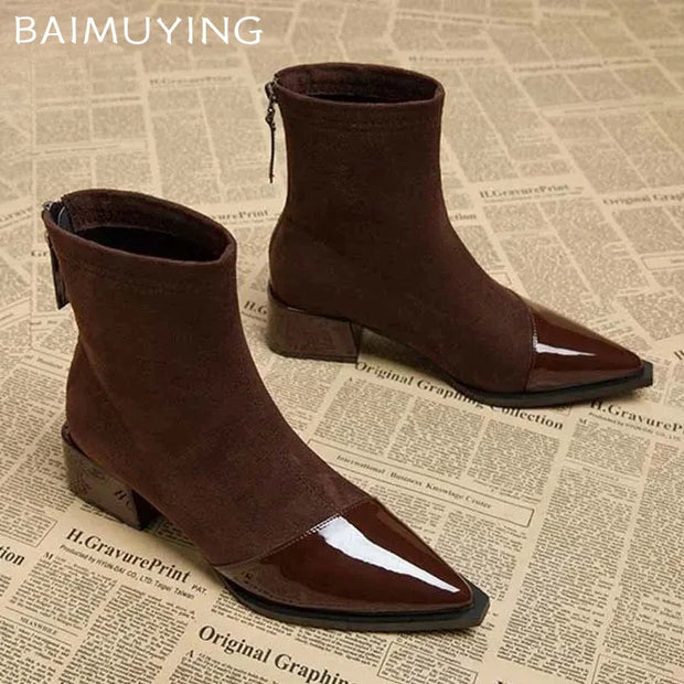 Ankle Boots Women Chunky Mid Heels Shoes Woman Pointed Toe 2024