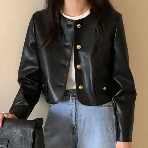 Fashion Vintage Single Breasted Leather Jacket Women Streetwear