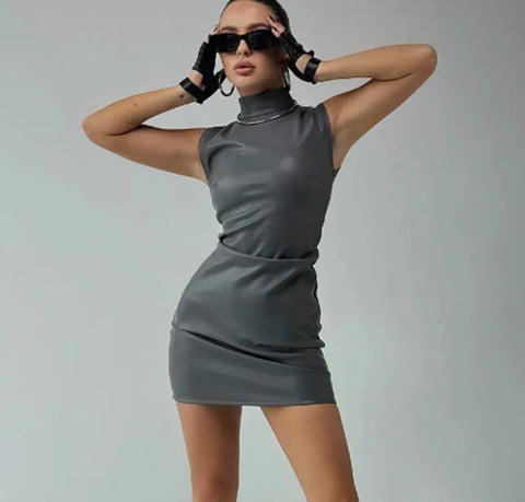 Women Faux Leather Bodycon Dress Sexy Sleeveless Mock Neck Slim