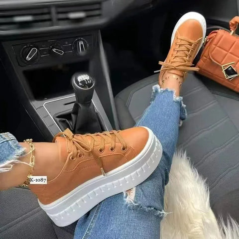 2023 Women Light Sneakers Fashion PU Leather Round Sports Lace