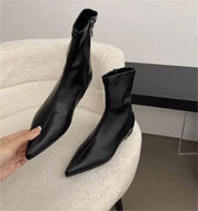 Pointed Toe Women Ankle Boots Flats Leather Shoes