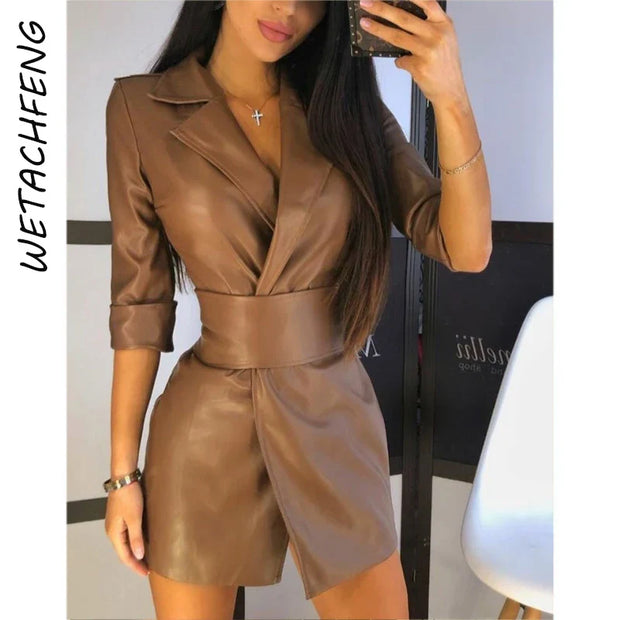 Neck Long Sleeve Sashes Mini Party Night Elegant Leather Solid Dress